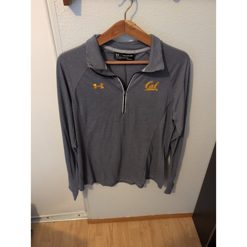 Under Armour Heat Gear Cal Logo Shirt 1/4 Zip Long Sleeve Blue White Striped XXL
